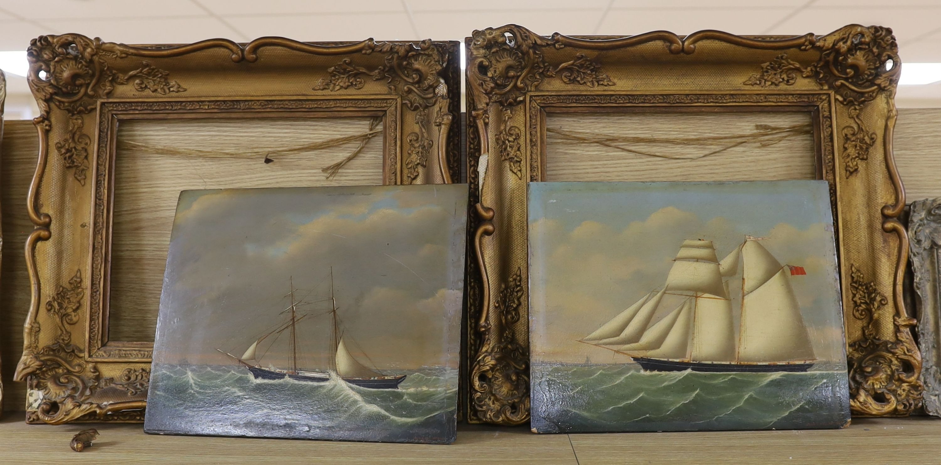 John Loos of Antwerp (1861-1895), pair of oils on wooden panels, Portraits of the Merchant ship Queen of the Belgians, signed, 26.5 x 32cm